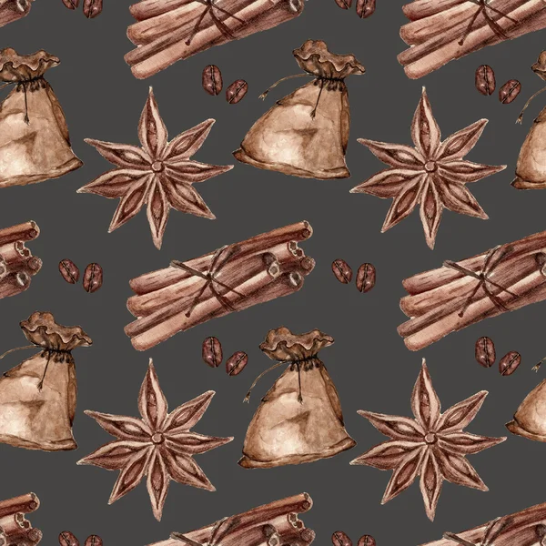 Seamless pattern with cinnamon, star anise, spices — Stock Photo, Image