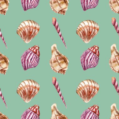 Deniz kabukları ile Seamless modeli. Suluboya resim.