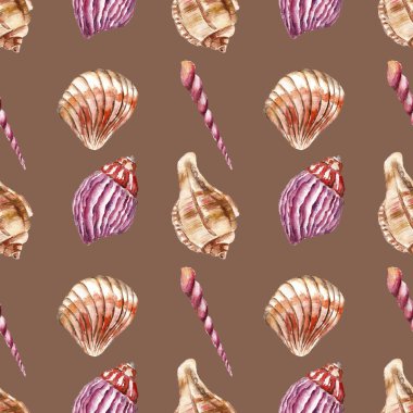 Deniz kabukları ile Seamless modeli. Suluboya resim.