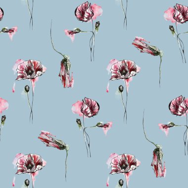 Çiçekler ile Seamless modeli. Suluboya resim.