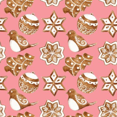 Noel zencefilli bisküvi ile Seamless modeli. Suluboya resim.