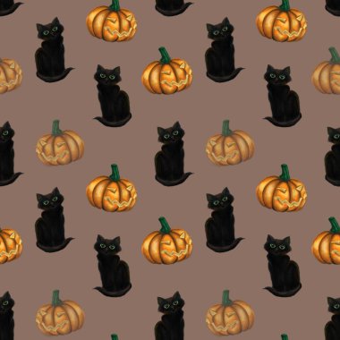 Siyah kedi ve kabak ile Seamless modeli. Suluboya resim.