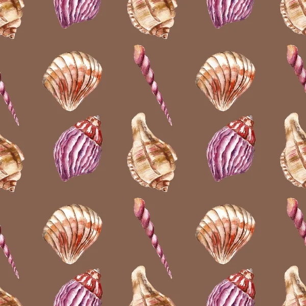 Seamless pattern with sea-shells. Watercolor illustration. — Stock Photo, Image