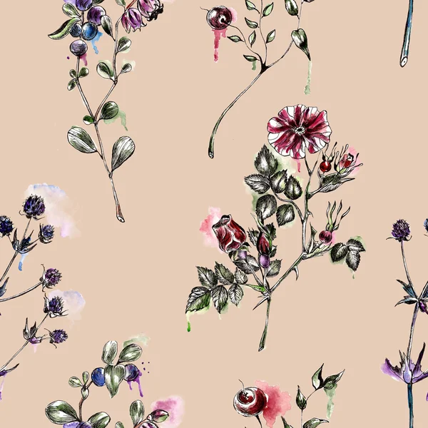 Seamless mönster med blommor. Akvarell illustration. — Stockfoto