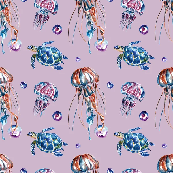 Seamless pattern with jellyfish and turtles. Watercolor illustration. — Stock Photo, Image