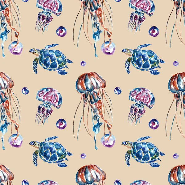 Seamless pattern with jellyfish and turtles. Watercolor illustration. — Stock Photo, Image