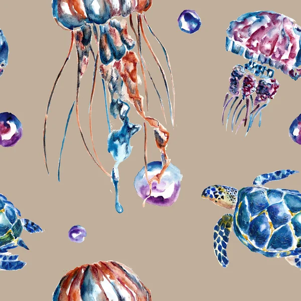 Seamless pattern with jellyfish and turtles. Watercolor illustration. — Stock Photo, Image