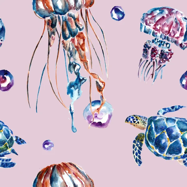 Seamless pattern with jellyfish and turtles. Watercolor illustration. — Stock Photo, Image