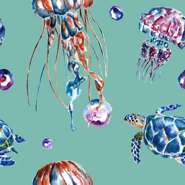 Seamless pattern with jellyfish and turtles. Watercolor illustration. — Stock Photo, Image