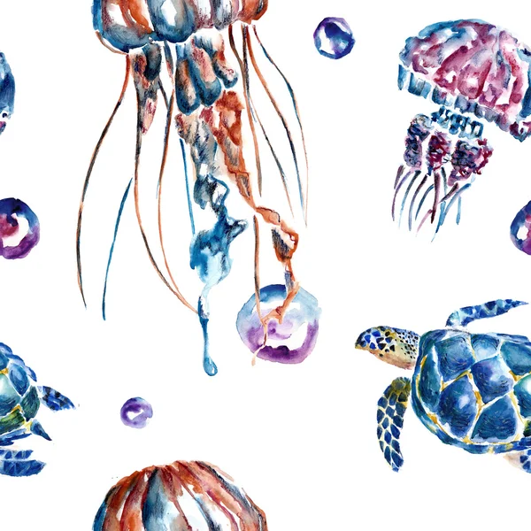 Seamless pattern with jellyfish and turtles. Watercolor illustration. — Stock Photo, Image