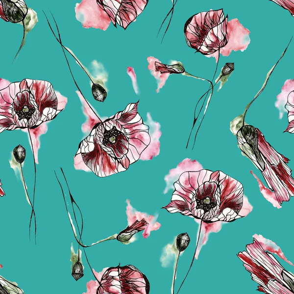 Seamless pattern with flowers. Watercolor illustration. — Stock Photo, Image