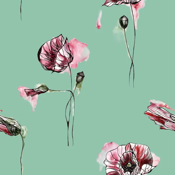 Seamless pattern with flowers. Watercolor illustration. — Stock Photo, Image