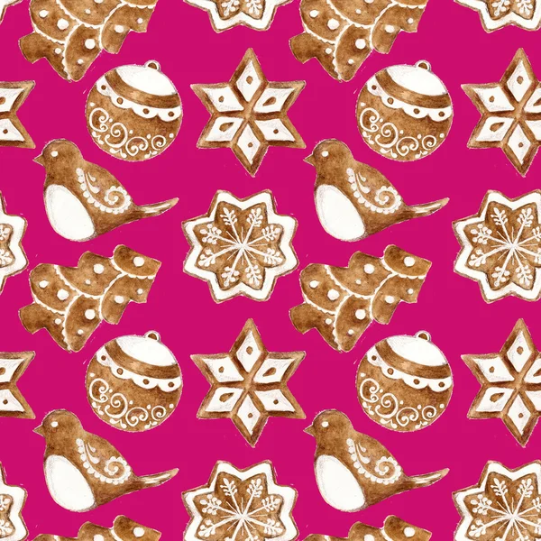 Modello senza cuciture con biscotti allo zenzero di Natale. Illustrazione ad acquerello . — Foto Stock