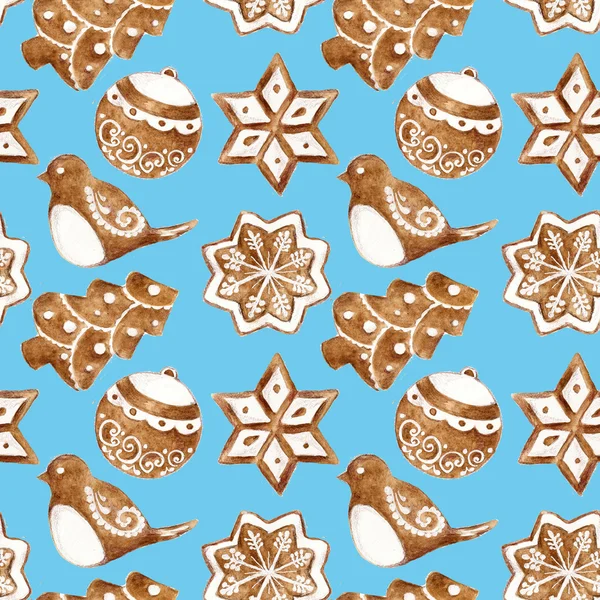 Modello senza cuciture con biscotti allo zenzero di Natale. Illustrazione ad acquerello . — Foto Stock