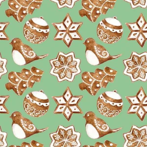 Modello senza cuciture con biscotti allo zenzero di Natale. Illustrazione ad acquerello . — Foto Stock