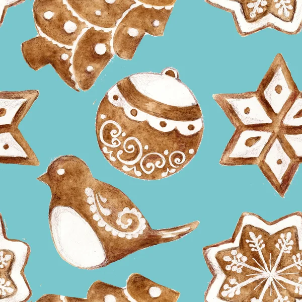 Padrão sem costura com biscoitos de gengibre de Natal. Ilustração aquarela . — Fotografia de Stock