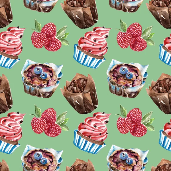 Seamless dessert pattern. Watercolor illustration. — Stock Photo, Image