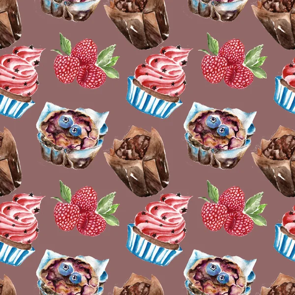 Seamless dessert pattern. Watercolor illustration. — Stock Photo, Image