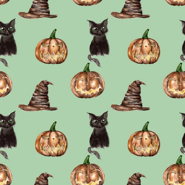 Seamless pattern with black cat and pumpkin. Watercolor illustration.