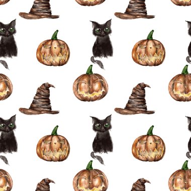 Siyah kedi ve kabak ile Seamless modeli. Suluboya resim.