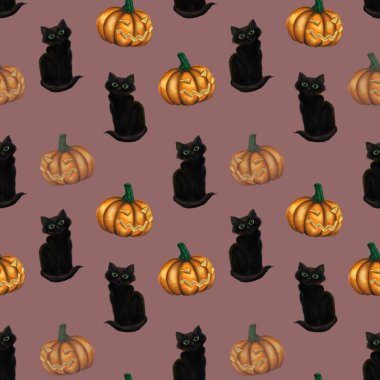 Siyah kedi ve kabak ile Seamless modeli. Suluboya resim.
