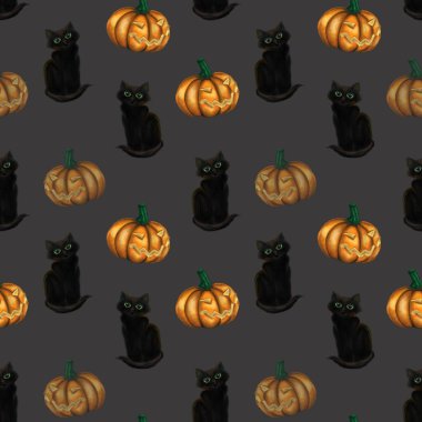 Siyah kedi ve kabak ile Seamless modeli. Suluboya resim.