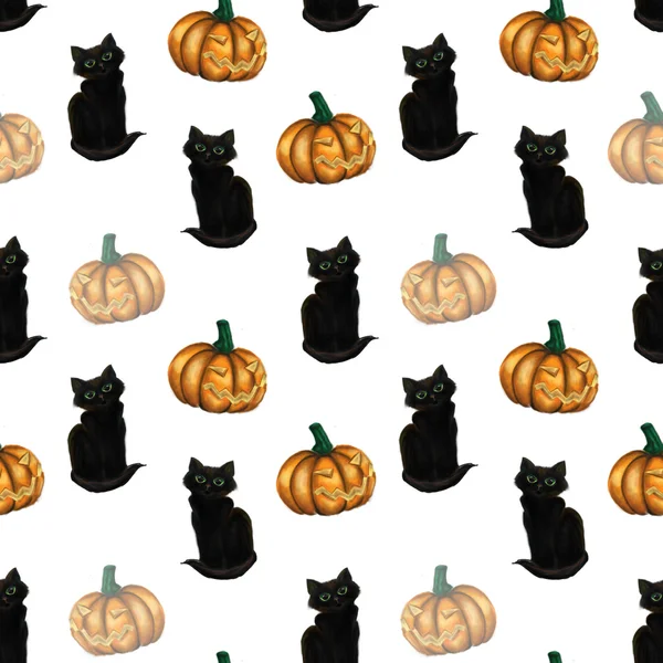 Naadloze patroon met zwarte kat en pompoen. Aquarel illustratie. — Stockfoto