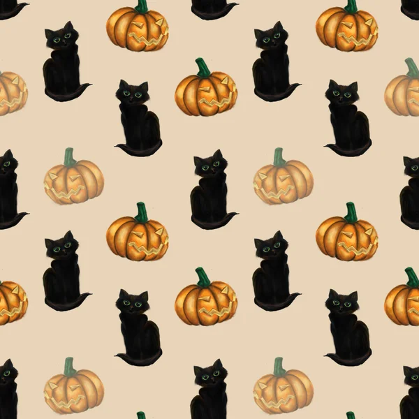 Nahtloses Muster mit schwarzer Katze und Kürbis. Aquarellillustration. — Stockfoto
