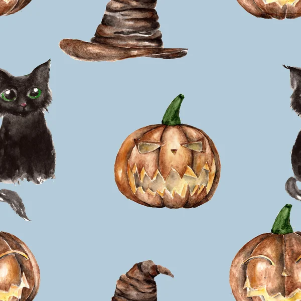 Naadloze patroon met zwarte kat en pompoen. Aquarel illustratie. — Stockfoto