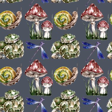 Amanita, salyangoz, Yusufçuk, mantar ile Seamless modeli. Suluboya resim.