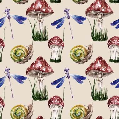 Amanita, salyangoz, Yusufçuk, mantar ile Seamless modeli. Suluboya resim.