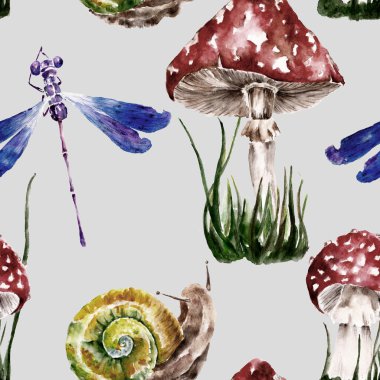 Amanita, salyangoz, Yusufçuk, mantar ile Seamless modeli. Suluboya resim.