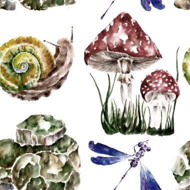 Amanita, salyangoz, Yusufçuk, mantar ile Seamless modeli. Suluboya resim.