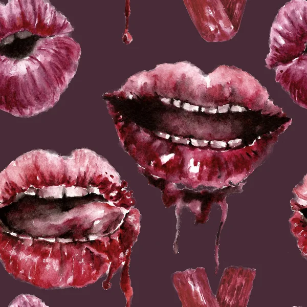 赤い唇とのシームレスなパターン。水彩イラスト — ストック写真