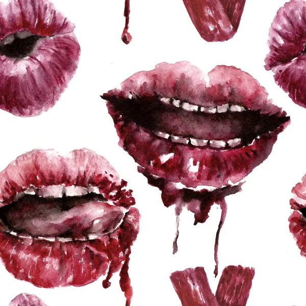 赤い唇とのシームレスなパターン。水彩イラスト — ストック写真