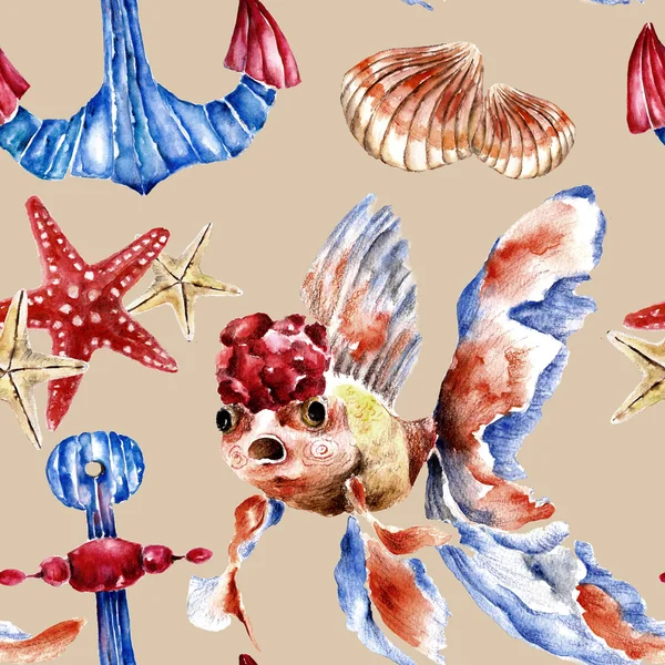 Seamless pattern with sea shells, anchor and gold fish. Watercolor illustration. — Stock Photo, Image