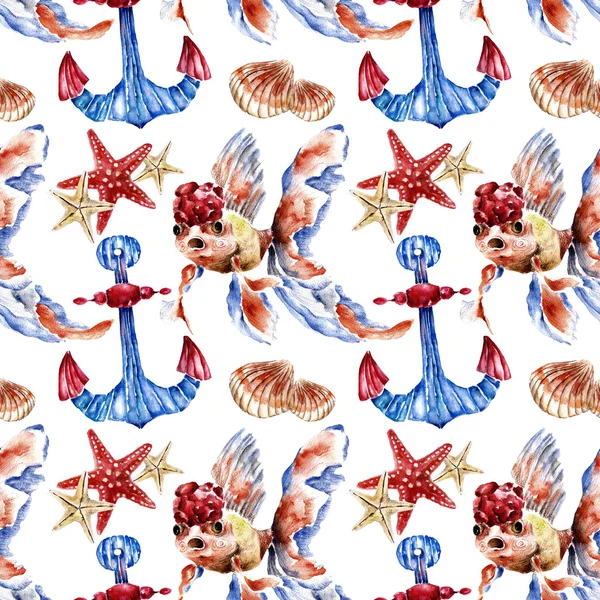 Seamless pattern with sea shells, anchor and gold fish. Watercolor illustration. — Stock Photo, Image