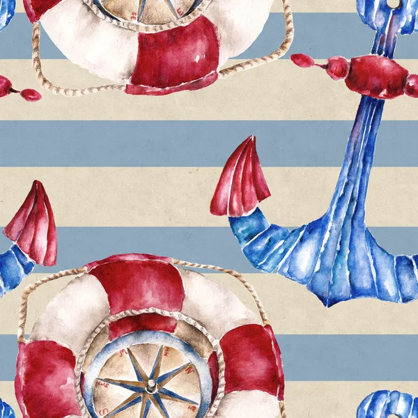 Seamless pattern with lifebuoy, anchor and compass. Watercolor illustration. — Stock Photo, Image