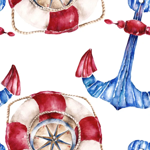 Seamless pattern with lifebuoy, anchor and compass. Watercolor illustration. — Stock Photo, Image