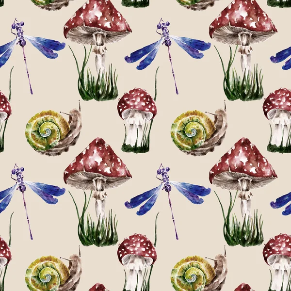 Seamless pattern with amanita, snail, dragonfly, mushrooms. Watercolor illustration. — Stock Photo, Image