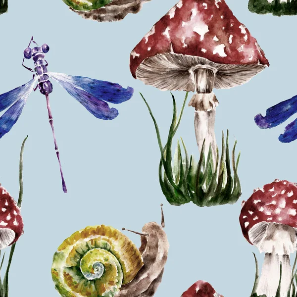 Patrón sin costuras con amanita, caracol, libélula, setas. Ilustración en acuarela . —  Fotos de Stock