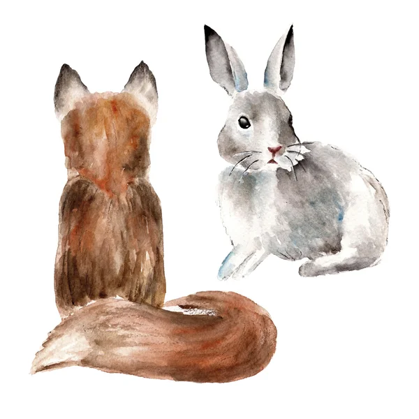 Watercolor illustration with fox and rabbit. Animal background, set. — Stock Photo, Image