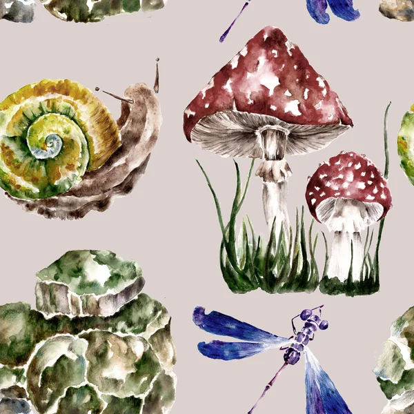 Padrão sem costura com amanita, caracol, libélula, cogumelos. Ilustração aquarela . — Fotografia de Stock