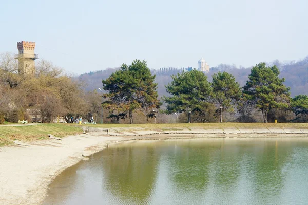 Lake and lookout tower — Stock Photo, Image