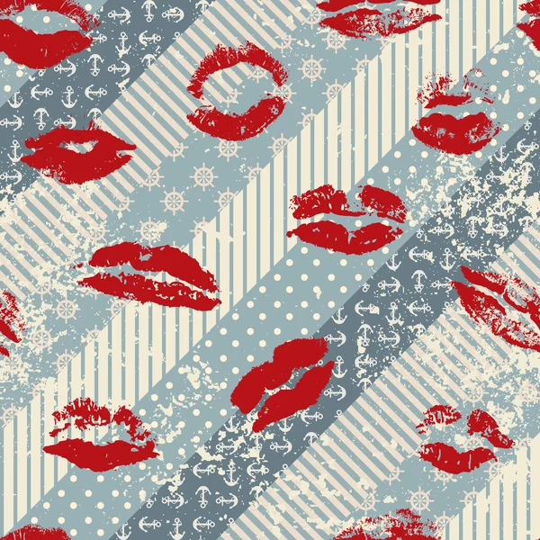 Patrón grunge en estilo náutico con estampados de lápiz labial — Vector de stock