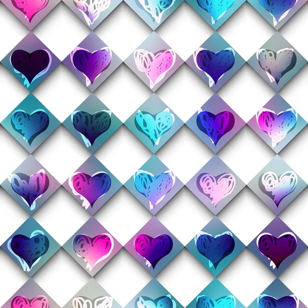 Sketch doodles hearts on checkered background. — Stock Vector