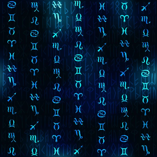 Simboluri zodiacale strălucitoare pe fundal albastru albastru marin . — Vector de stoc