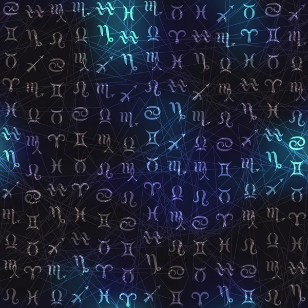 Glow zodiac symboler på marinblå oskärpa bakgrund. — Stock vektor