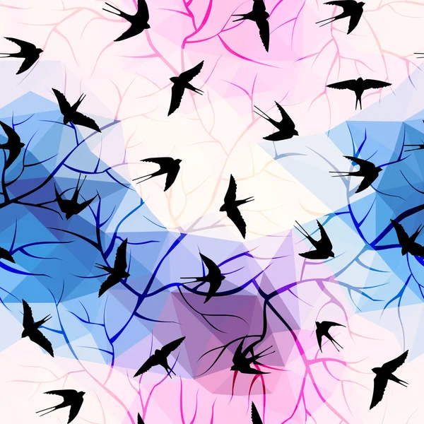 Swallows on geometrical background with branches. — Stock Vector