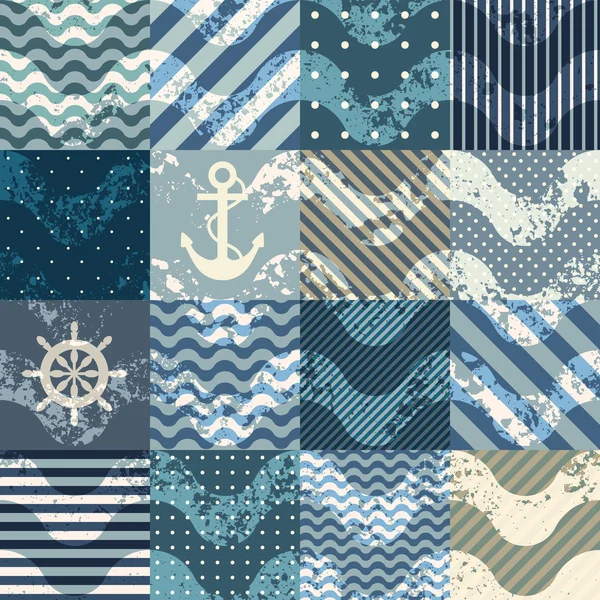 Patchwork im nautischen Stil mit Grunge-Wellen. — Stockvektor